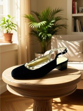 New Azurée Cannes Black Suede Slingback Block Heel w/ Faux Pearls, U.S Size 7.5